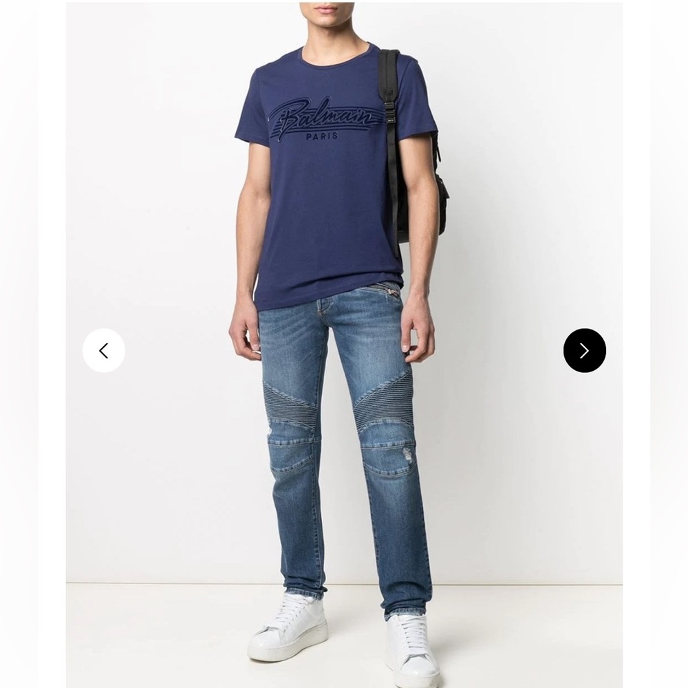 BALMAIN Navy Blue Flock Balmain Logo T-Shirt (like NEW)